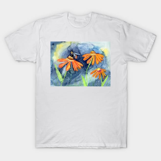 Bumble Bee with Orange Flowers Colorful Mixed Media Art T-Shirt by Sandraartist